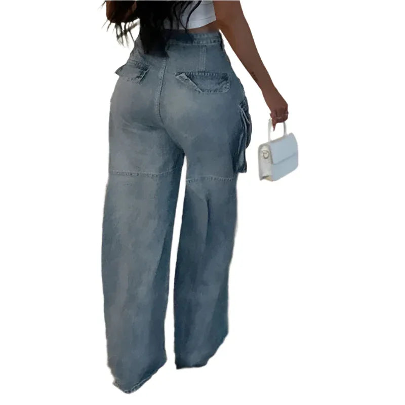 Women's Large Pocket High Waist Straight Jeans