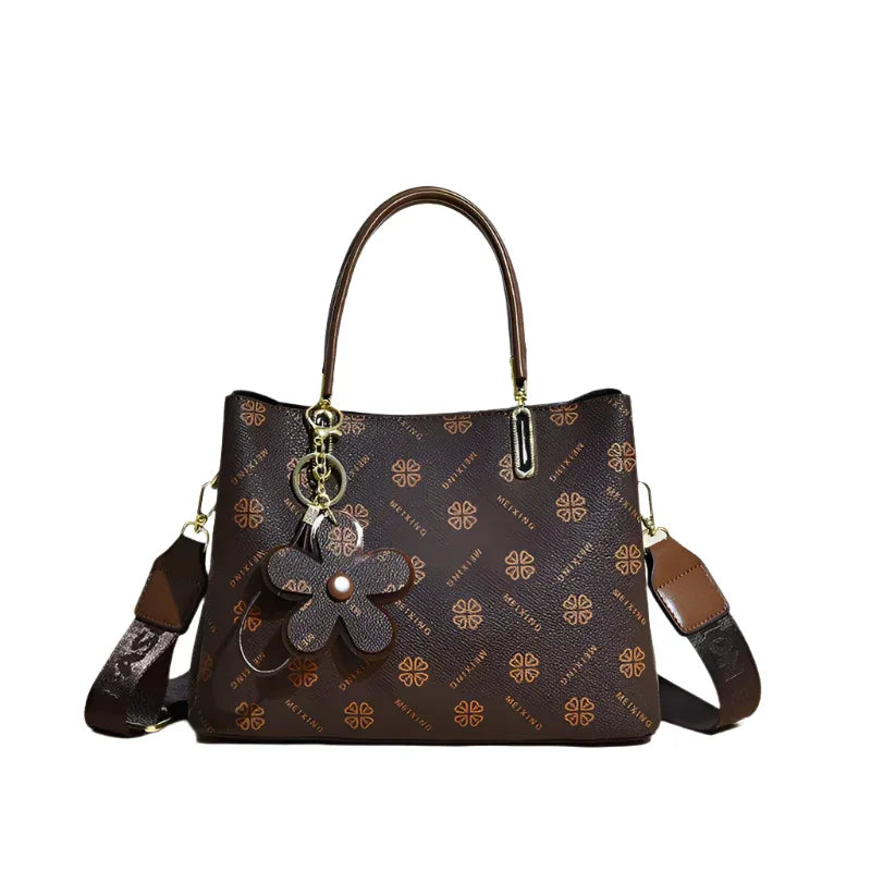 Women's PU Leather Handbag With Flower Pendant & Removable Shoulder Strap