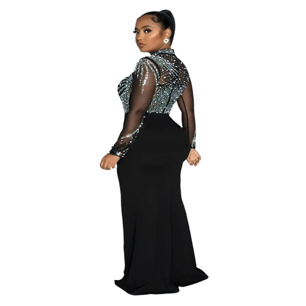 Women's Rhinestone Pearl See-Through Waist-Tight Stretch Split Dress