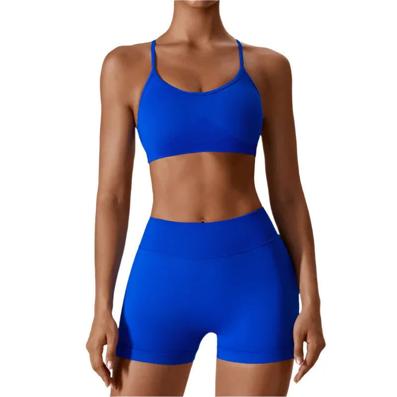 Women's Seamless Open Back Sports Bra & Gym Shorts Quick-Drying Close Fit Gym Clothing Set