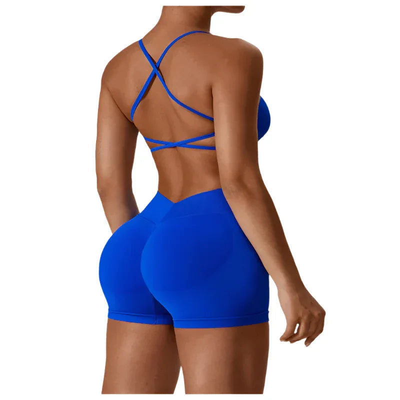 Women's Seamless Open Back Sports Bra & Gym Shorts Quick-Drying Close Fit Gym Clothing Set