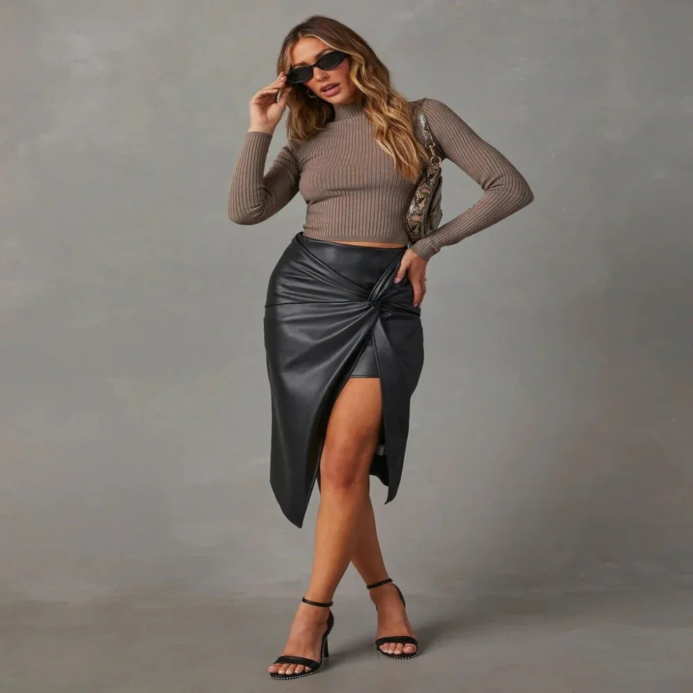 Women's Split Mid-Length Hot Girl Leather Hip Skirt