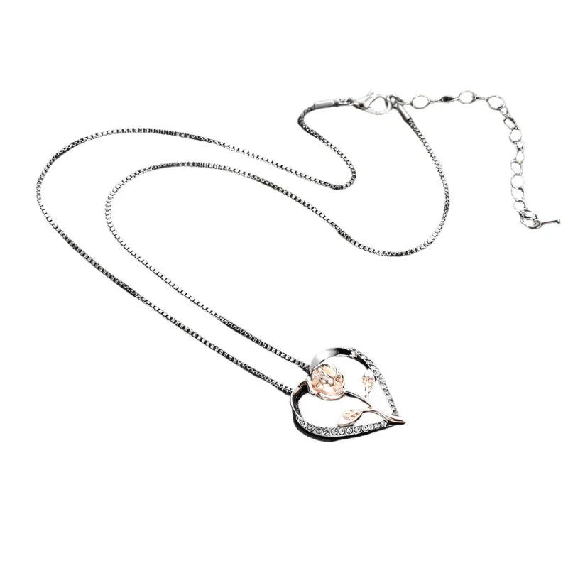 Zircon Heart Rose Silver Necklace For Women